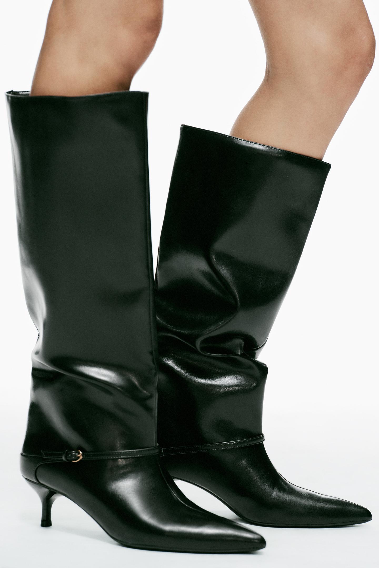 Женские ботинки Zara Buckled Kitten Heel Tall, цвет: Чёрный — фото 3