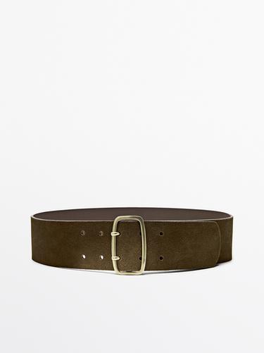 Zara Split suede belt with rectangular buckle - Sand