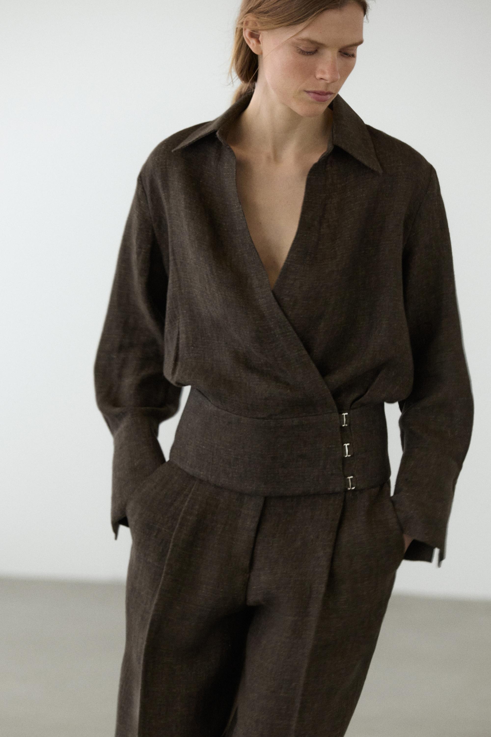 Total look melange linen overshirt — Black gold