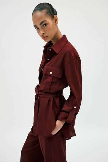 VESTE SAFARI EN LIN AVEC CEINTURE - Bordeaux de Zara
