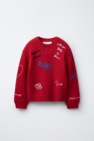 EMBROIDERED KNIT JUMPER - Red by Zara - Image 0