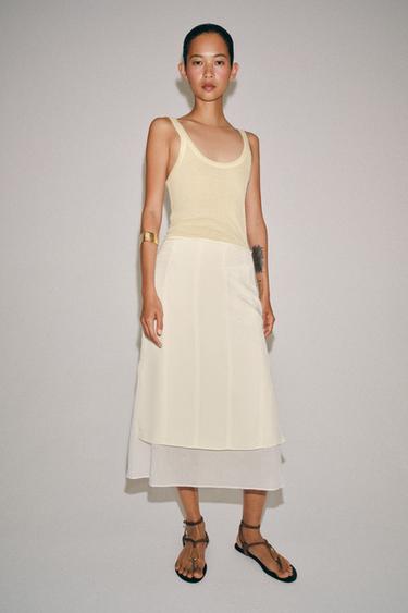 Zara ZW COLLECTION COMBINATION MIDI SKIRT - Ecru