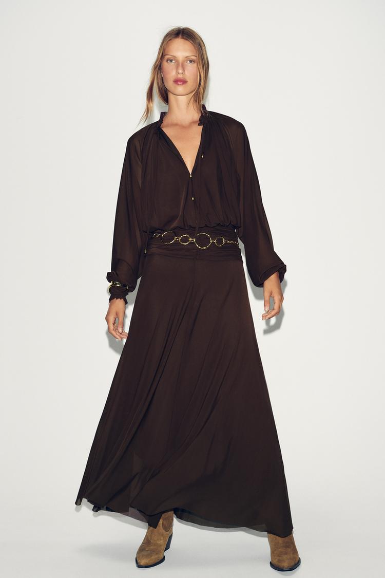 Robe Longue Robe Tee Shirt Femme Zara ROBE LONGUE FRONCES Marron