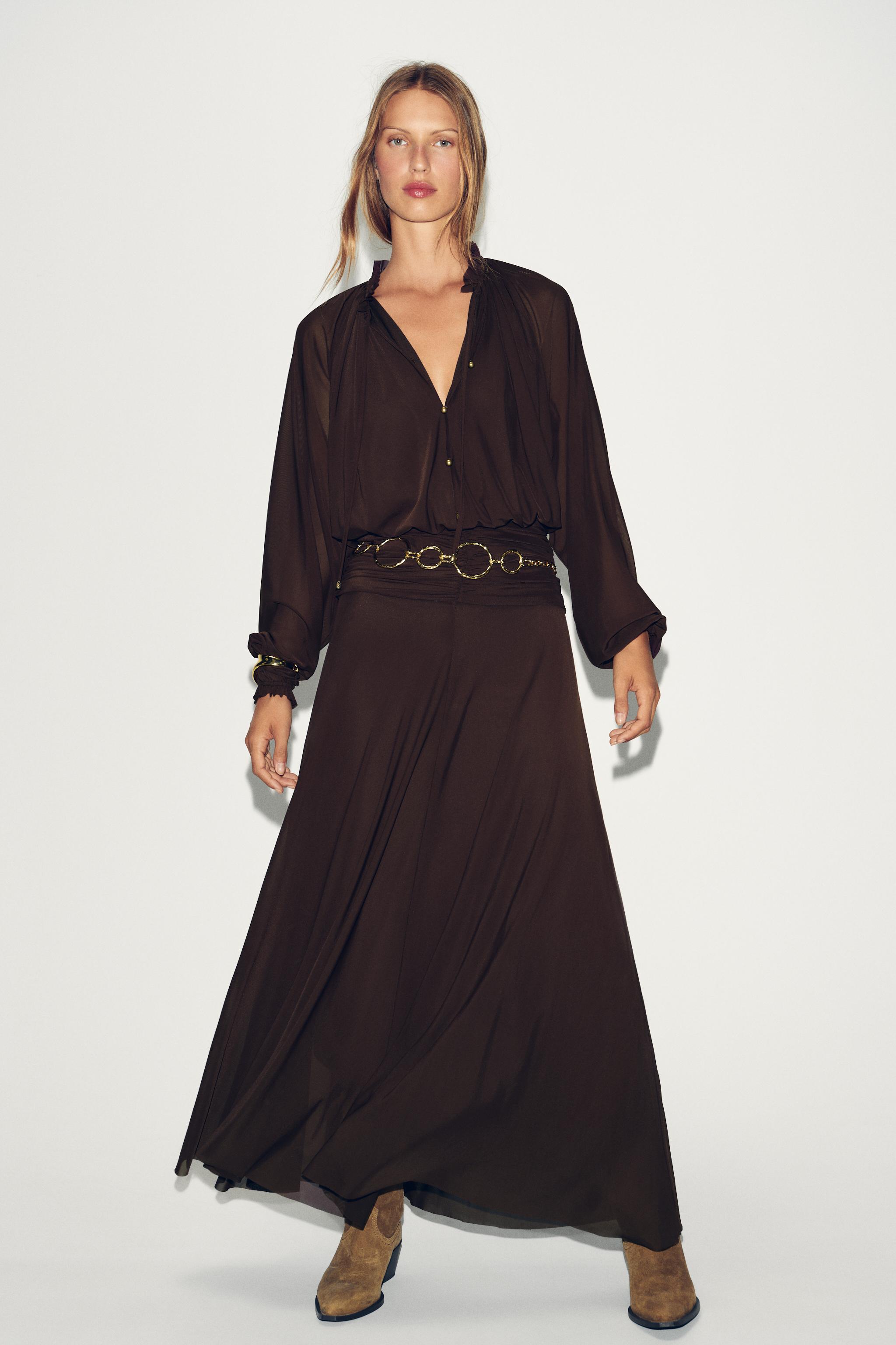 VESTIDO LARGO FRUNCES Marrón oscuro ZARA España - Main Image
