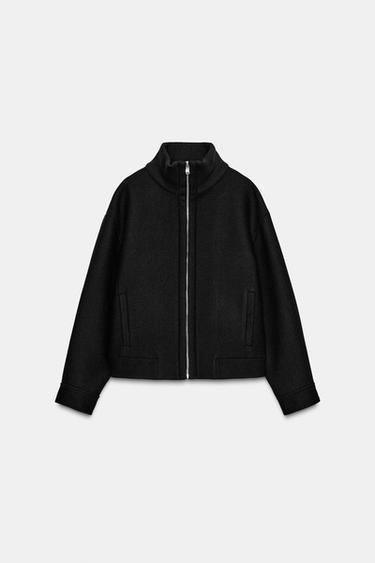 CASACO CURTO COM LÃ GOLA SUBIDA - Preto da Zara