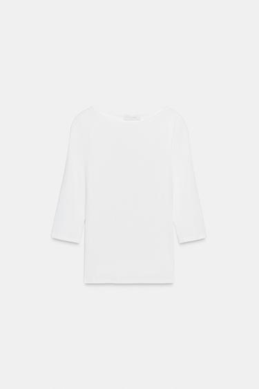 T-SHIRT COL BATEAU EN COTON - Blanc de Zara