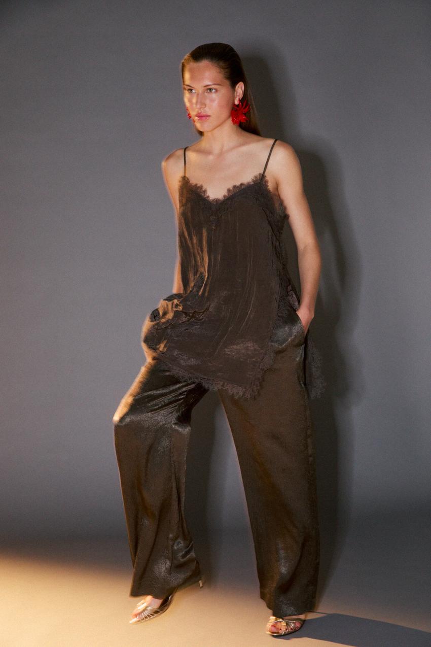 Zara - Wrinkle-Look Flowy Pants - Brown - Xs - Woman Zara - Wrinkle-Look Flowy Pants - Brown - Xs - Woman