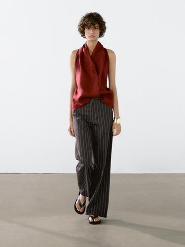 Zara Linen crossover halter top - Raspberry