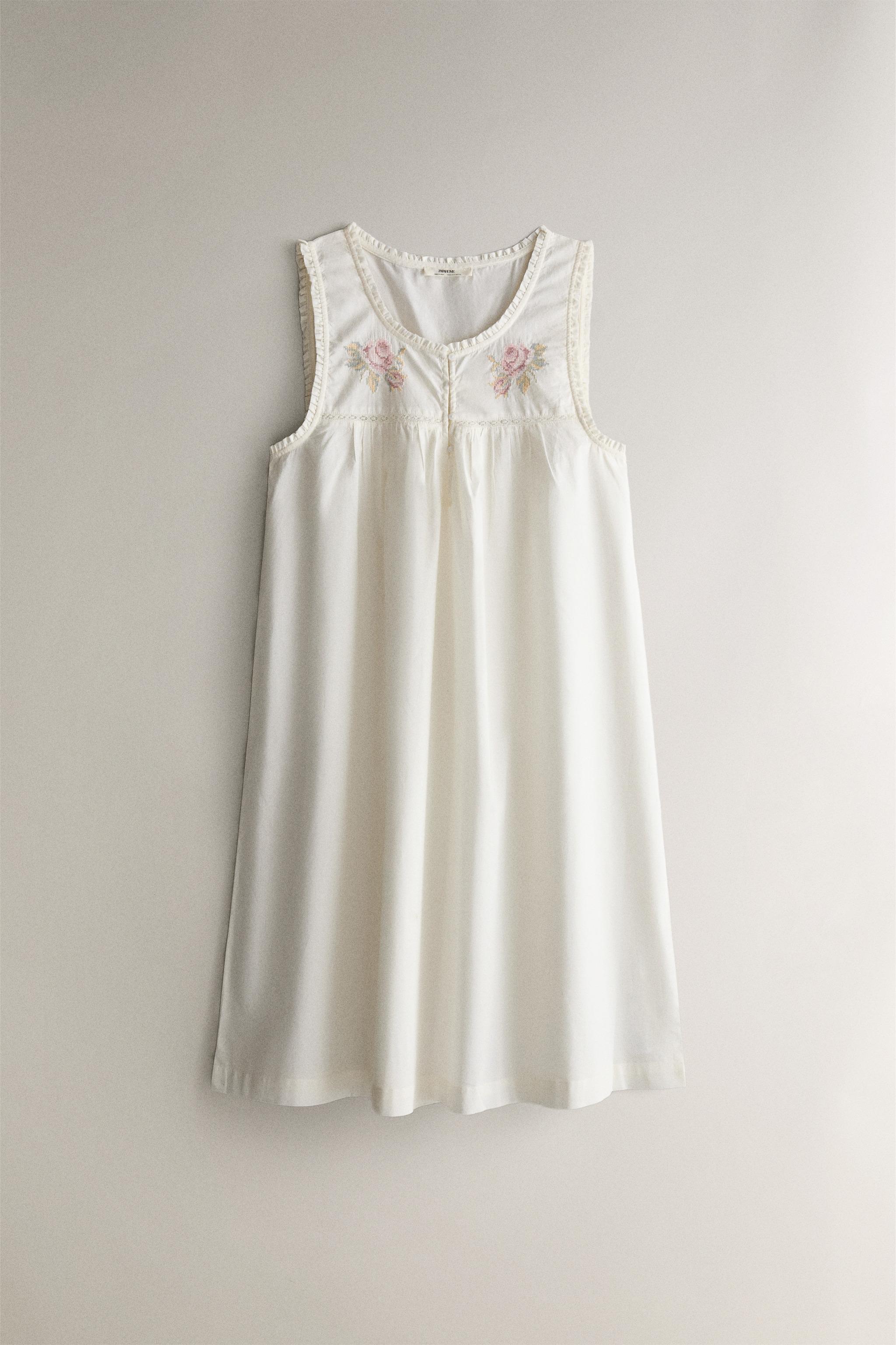 EMBROIDERED COTTON NIGHTGOWN - Oyster-white | ZARA United States
