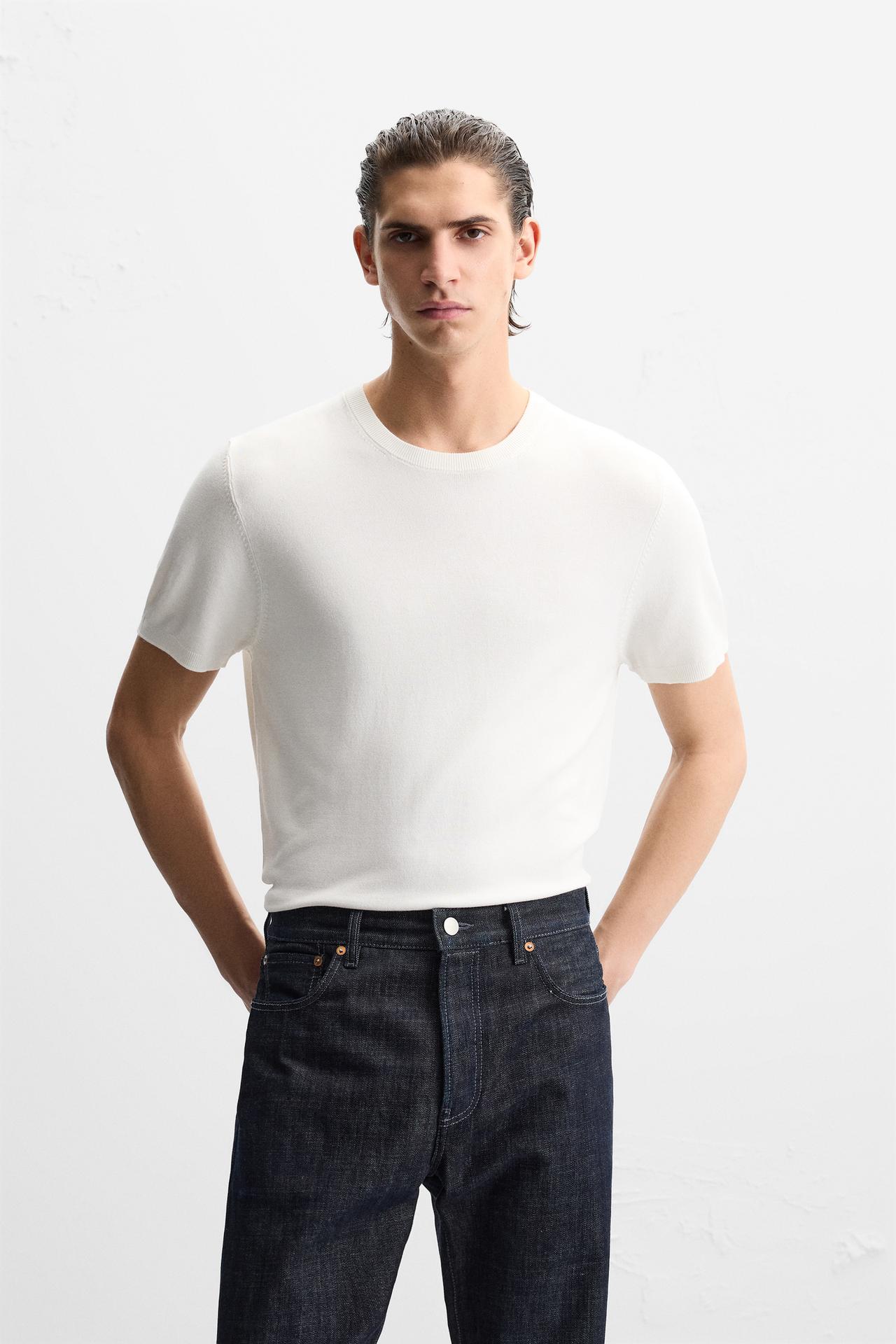 Zara FLOWY KNIT T-SHIRT - Oyster-white
