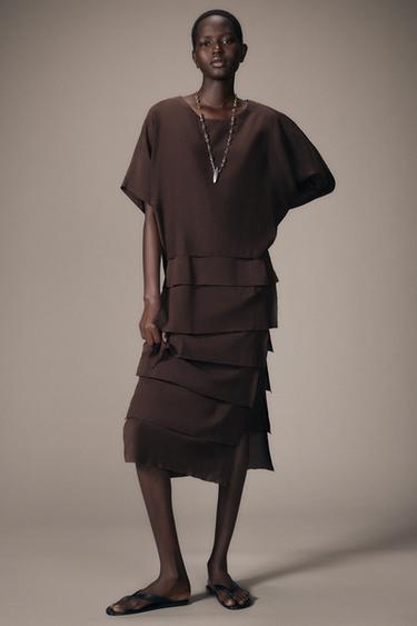 FALDA PANTALÓN PLIEGUES VOLANTES - Marrón claro de Zara