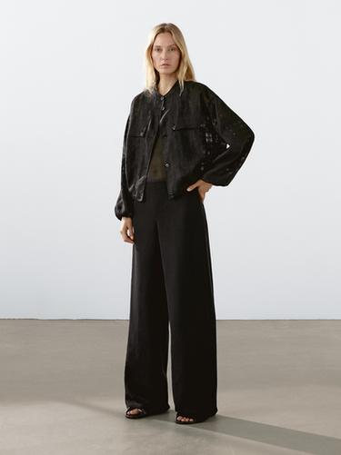 Zara Linen blend check bomber jacket - Black