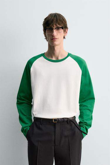 Zara 標準版拼色 T 恤 - 白色 / 綠色