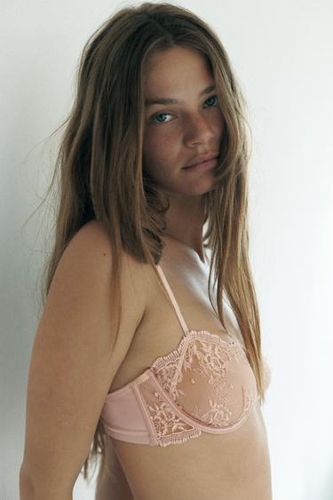 UNDERWIRED MESH AND LACE BRA - Chalk pink by Zara