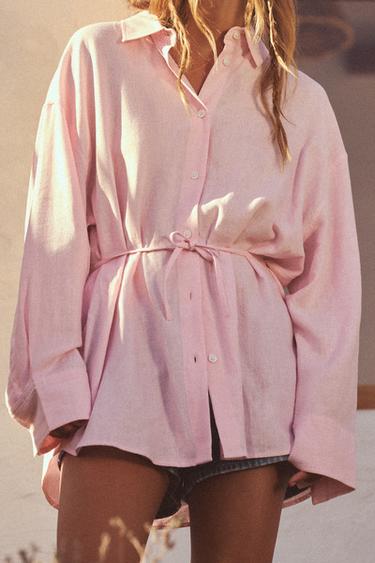 OVERSIZE LINEN BLEND SHIRT - Pastel pink by Zara