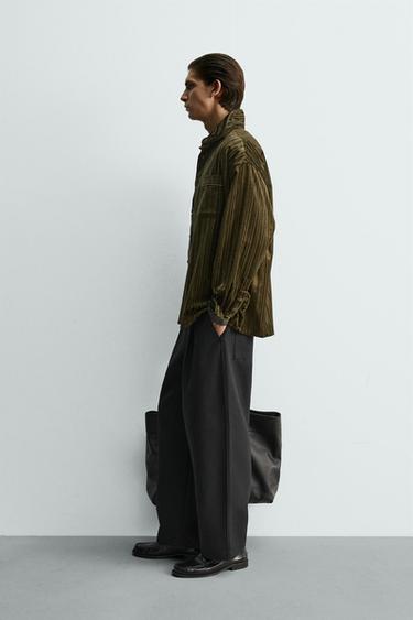 Zara STRIPED VELVET EMBOSSED SHIRT - Dark green