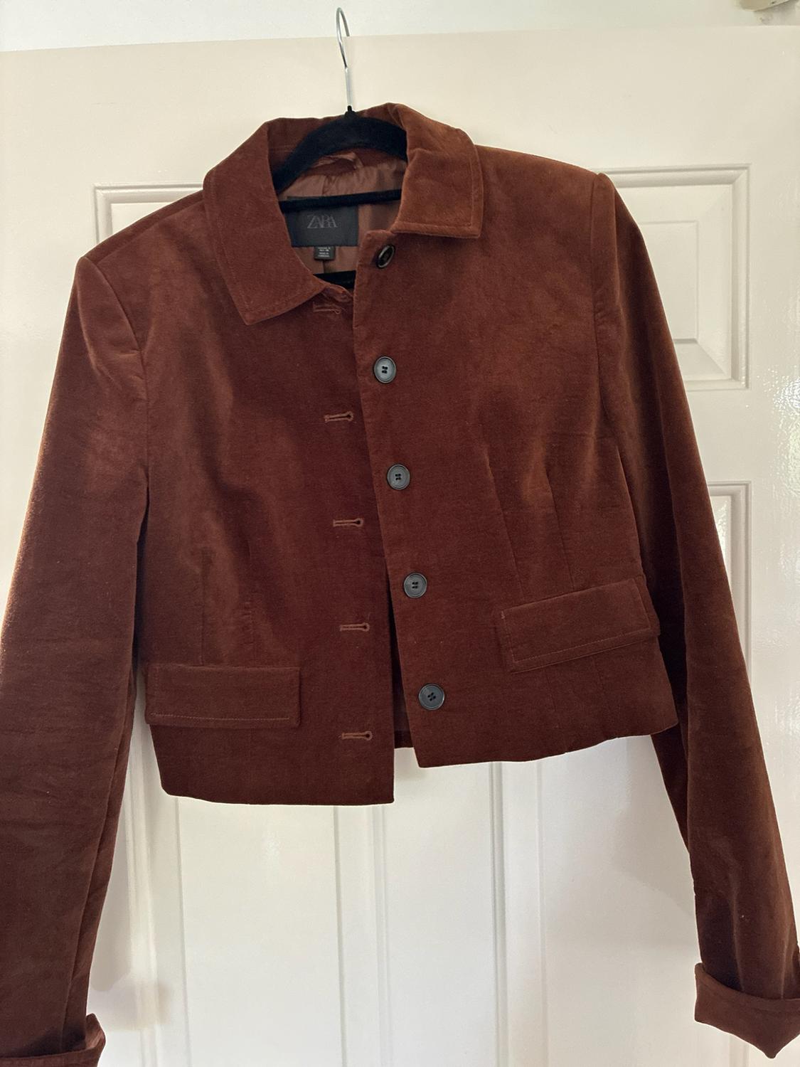 Brown jacket with buttons and pockets, hanging on a black hanger
on a white door. Interior label with the text ZARA.