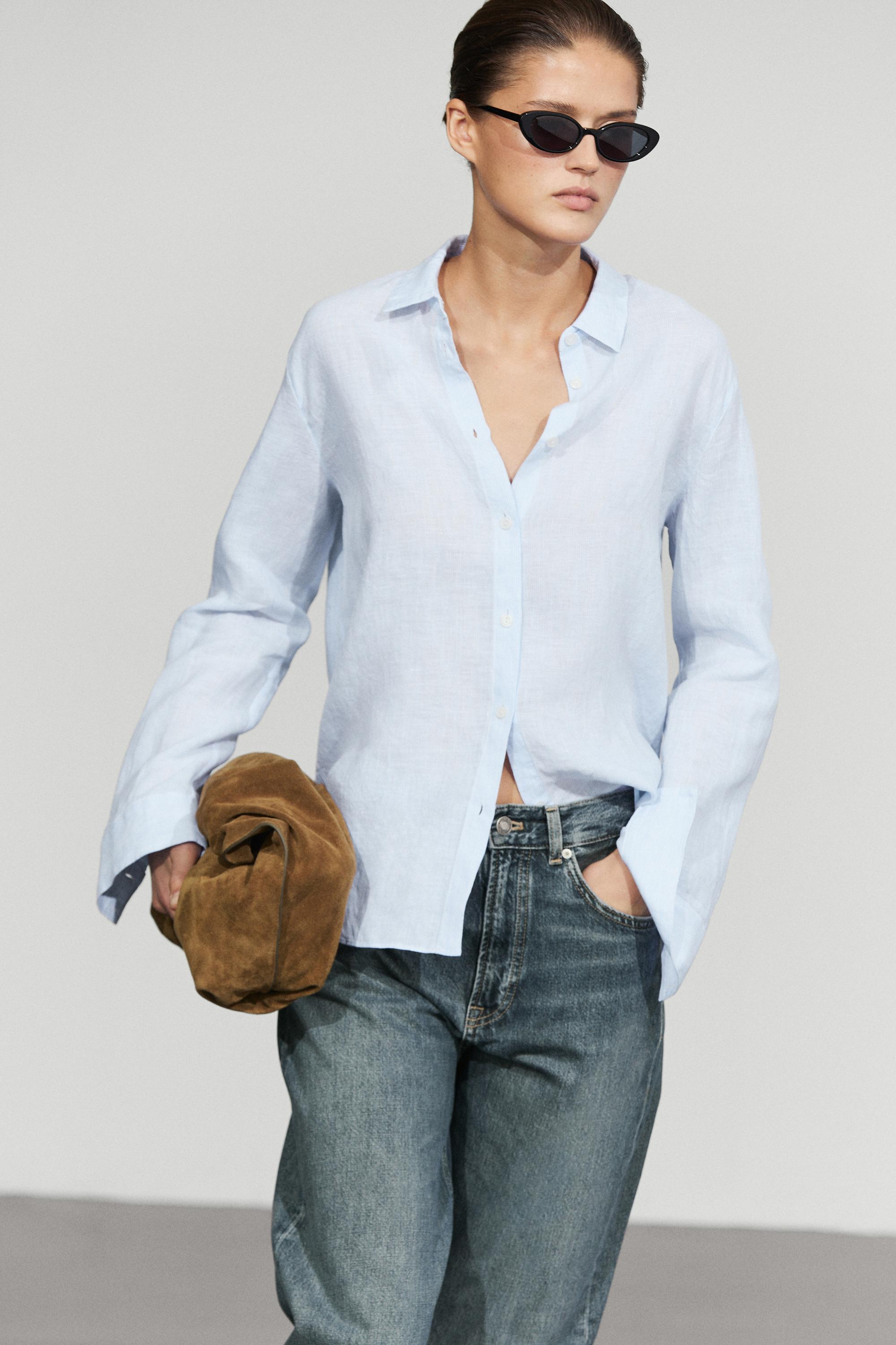 Regular fit 100% linen pinstriped shirt — Sky blue