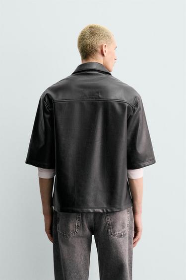 Zara RELAXED FIT FAUX LEATHER OVERSHIRT - Black