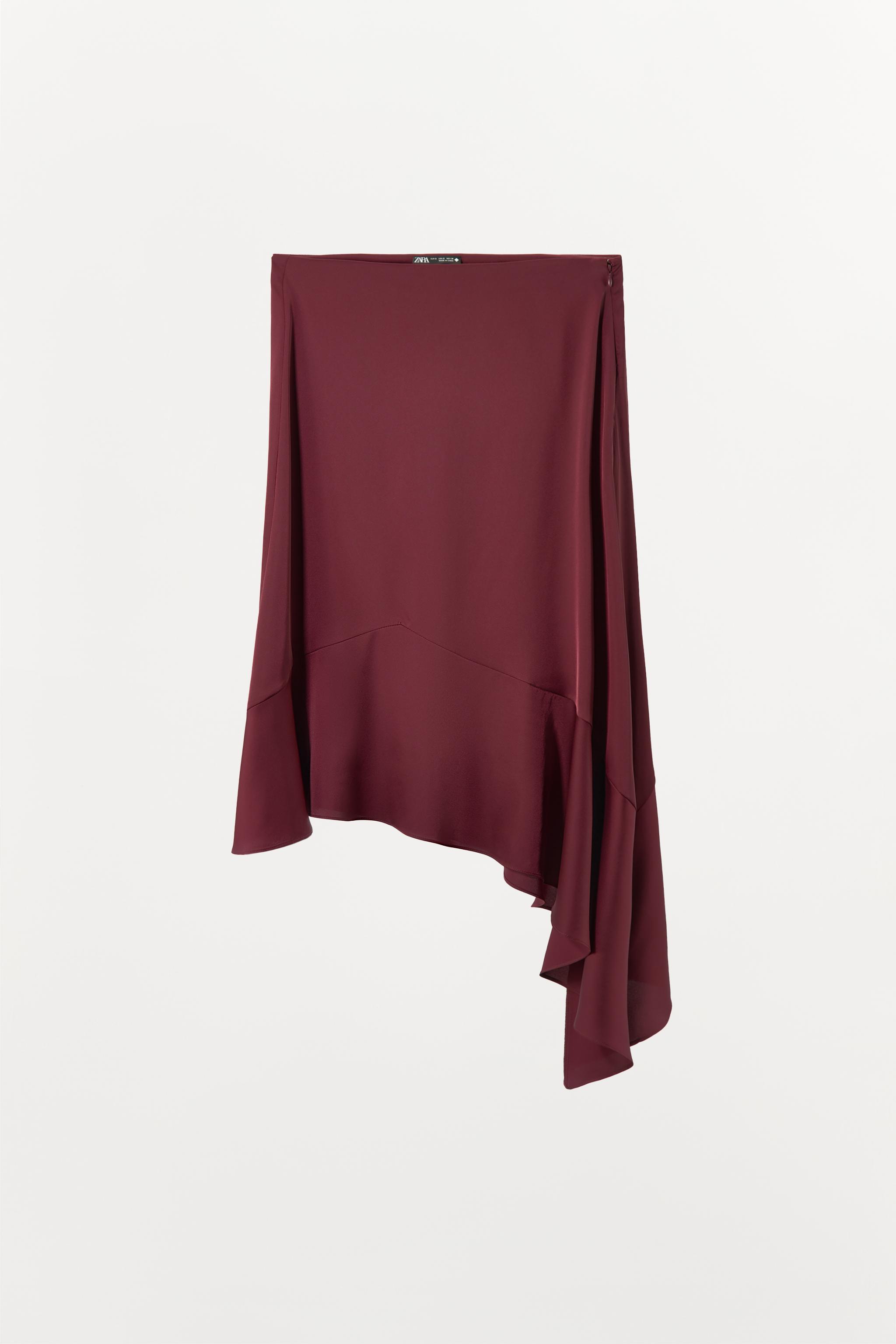 ASYMMETRIC SATIN RUFFLE SKIRT - Maroon | ZARA United States ASYMMETRIC SATIN RUFFLE SKIRT - Maroon | ZARA United States