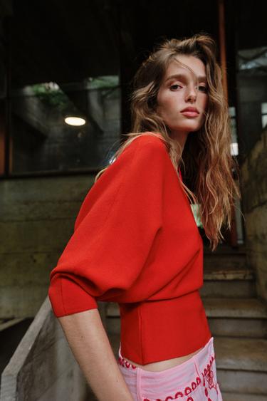PULL EN MAILLE À MANCHES BALLON - Rouge vif de Zara - Image 3