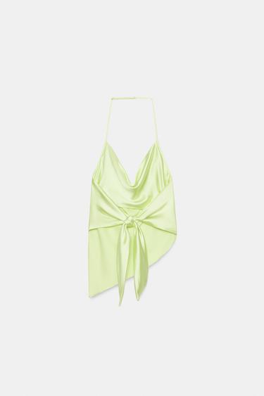 Zara SATIN EFFECT HALTER TOP - Lime green