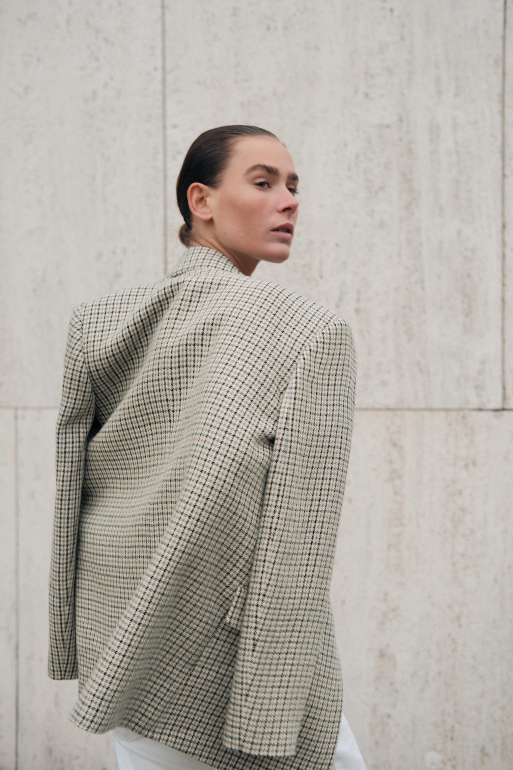 ZARA ストレートフィットハウンドトゥース柄ブレザー 2023/103 ストレートフィットハウンドトゥース柄ブレザー - ベージュ