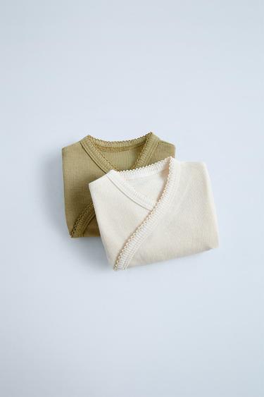 Zara 兩件裝美麗諾羊毛混紡和服式連體衣；含包裝盒 - 淡綠色