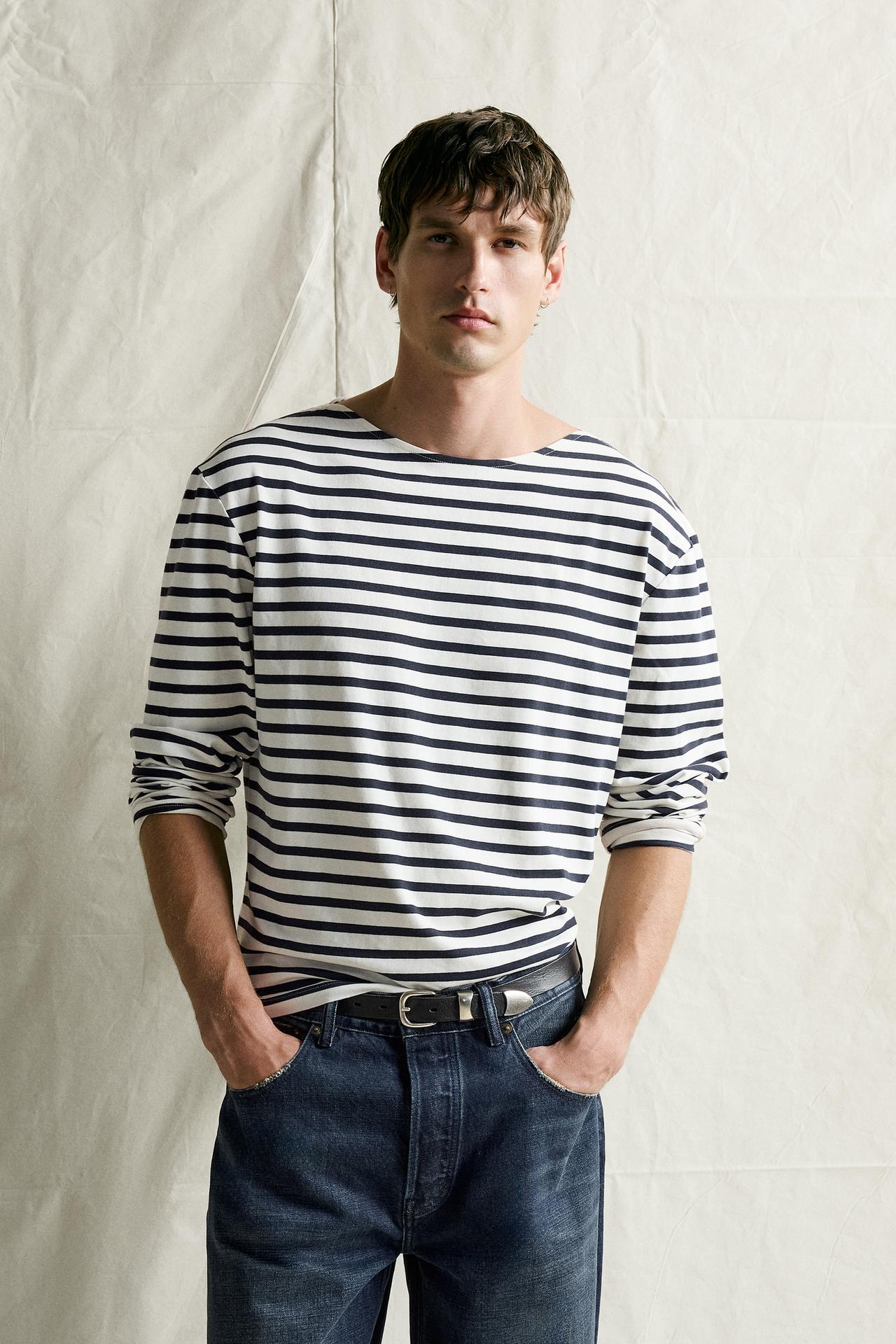 STRIPED JACQUARD RELAXED T-SHIRT — Ecru / Navy