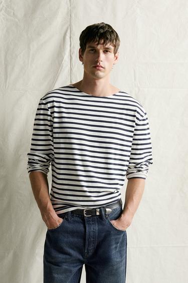 Zara STRIPED JACQUARD RELAXED T-SHIRT - Ecru / Navy