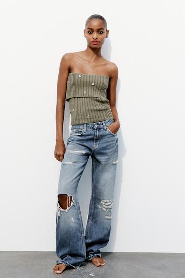 ТРИКОТАЖНЫЙ ТОП OFF SHOULDER СО СТРАЗАМИ — ХАКИ от Zara — изображение 0