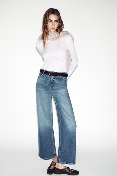 Zara Z.10 HIGH-WAISTED BELTED CULOTTE JEANS - Mid-blue