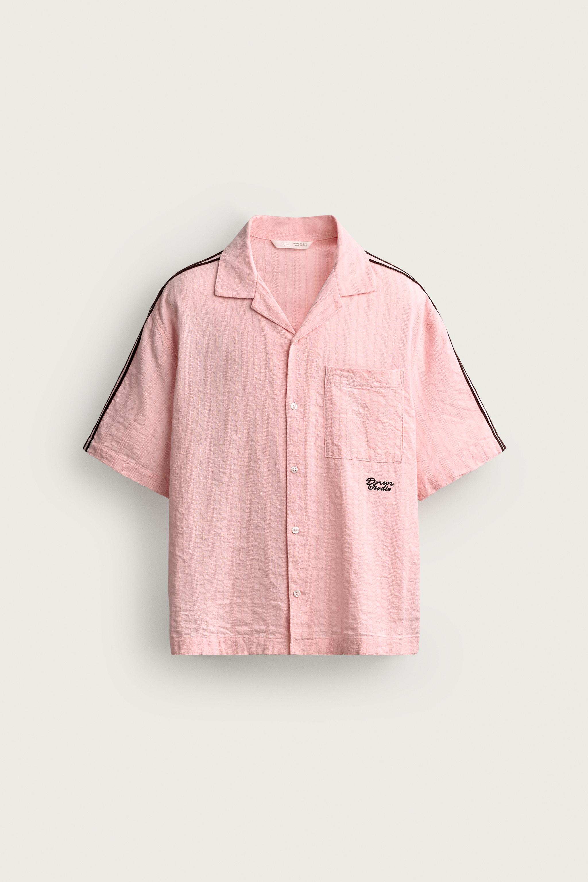 CONTRASTING EMBROIDERY STRIPE SHIRT — Pink