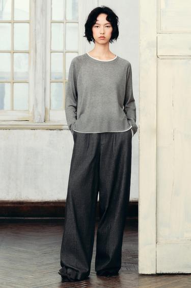 Zara ZW COLLECTION 打褶牛仔長褲 - 藍色