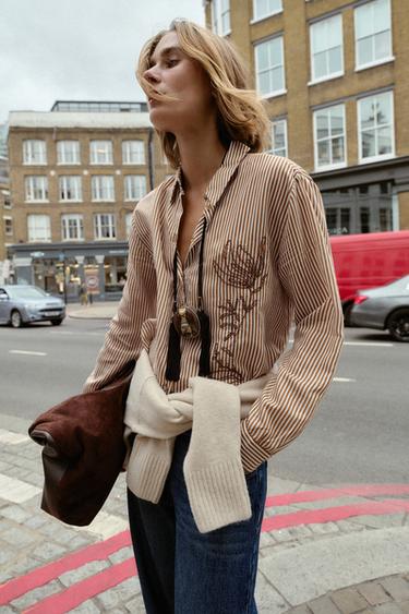 STRIPED EMBROIDERED BEADED SHIRT - Brown / Ecru by Zara - Image 2