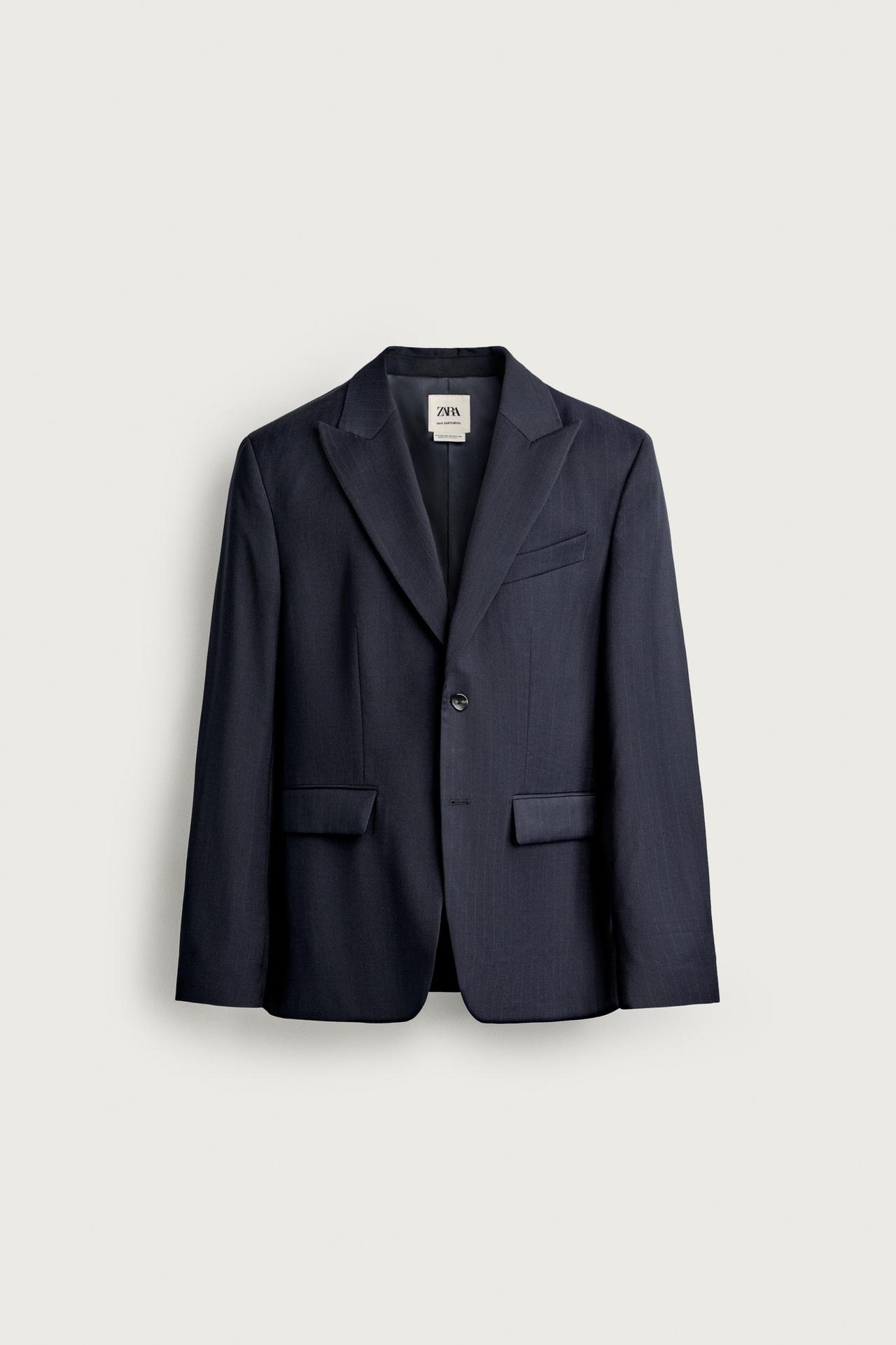 REGULAR FIT 100% WOOL PINSTRIPE SUIT BLAZER — Navy blue