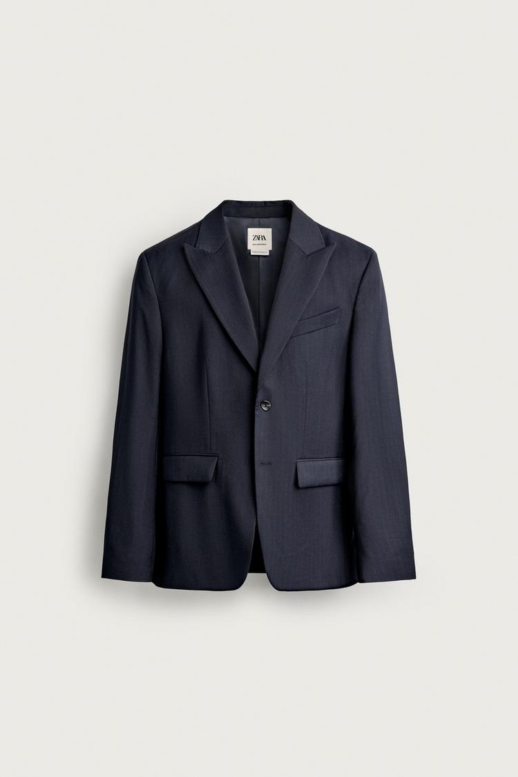 REGULAR FIT 100% WOOL PINSTRIPE SUIT BLAZER — Navy blue
