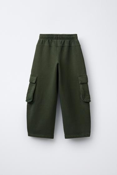 GARMENT-DYED WIDE-LEG CARGO FLEECE TROUSERS - Green by Zara - Image 1