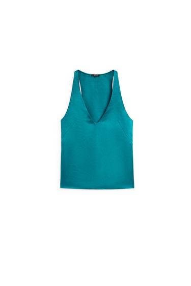 Top escote pico satinado mezcla lino - Turquesa oscuro de Zara