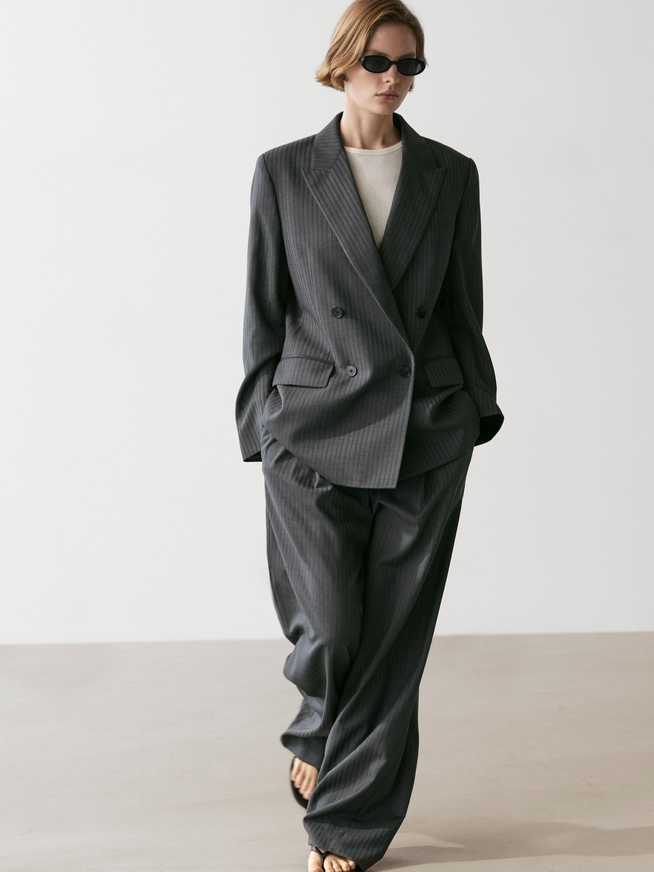 Pinstripe cool wool blend suit blazer — Gray