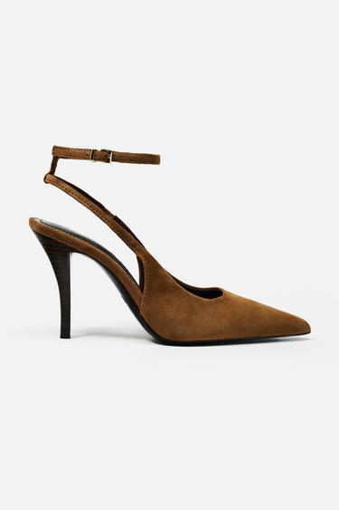SPLIT SUEDE SLINGBACK HEELS - Brown by Zara