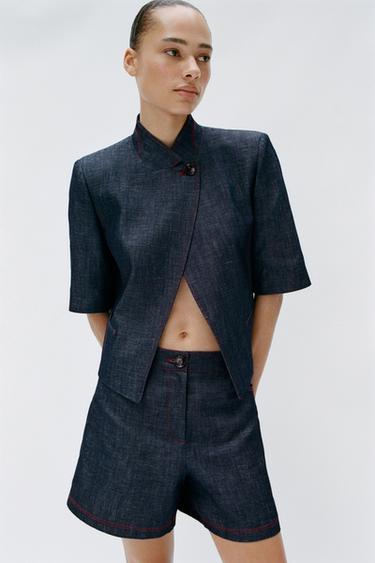 BLAZER MANGA CORTA CON LINO PESPUNTES CONTRASTE - Índigo de Zara