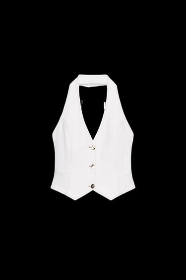 Zara Z1975 DENIM HALTER CROP TOP - White - Image 0