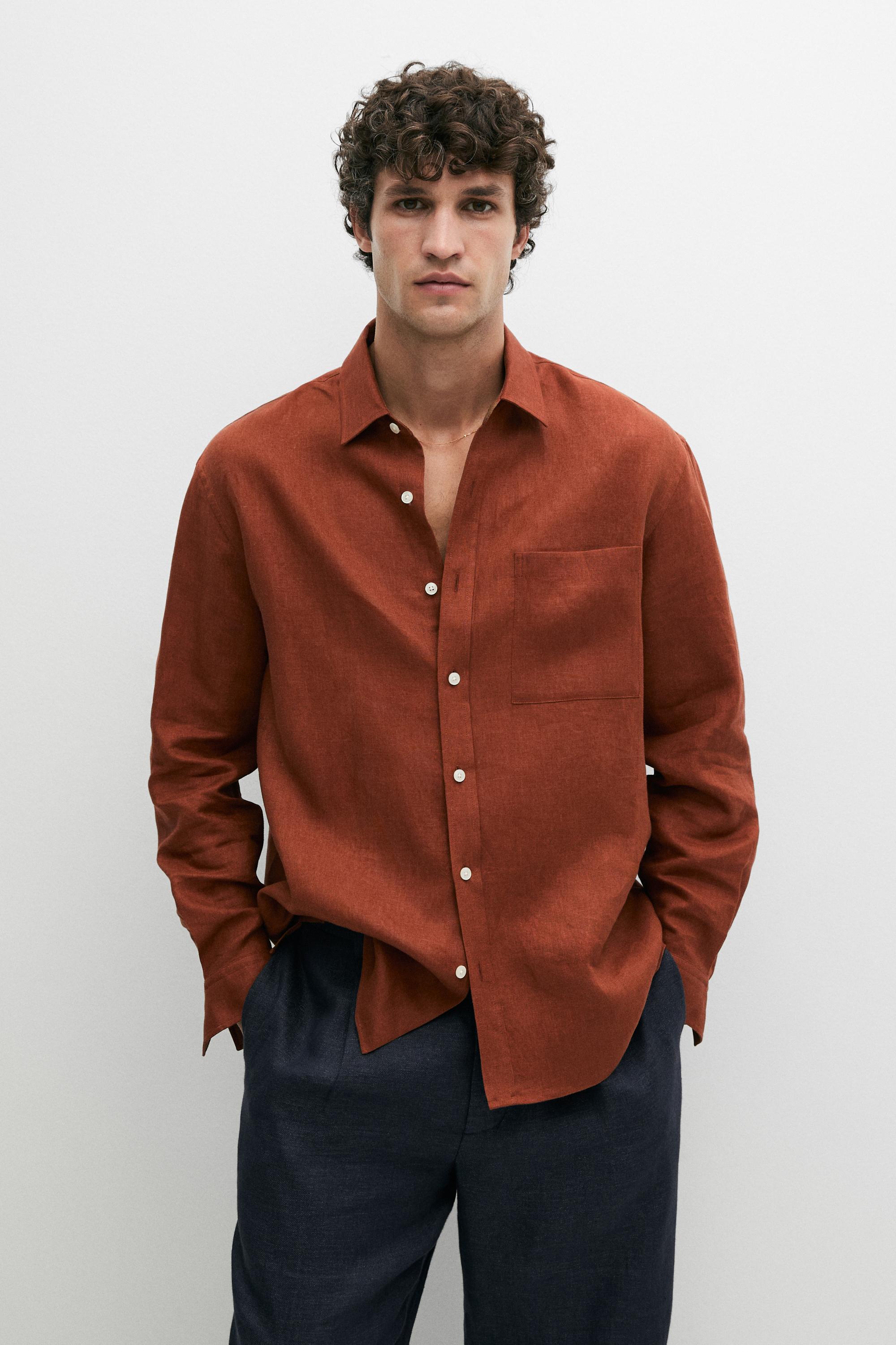 Regular fit 100% linen shirt with pocket detail
