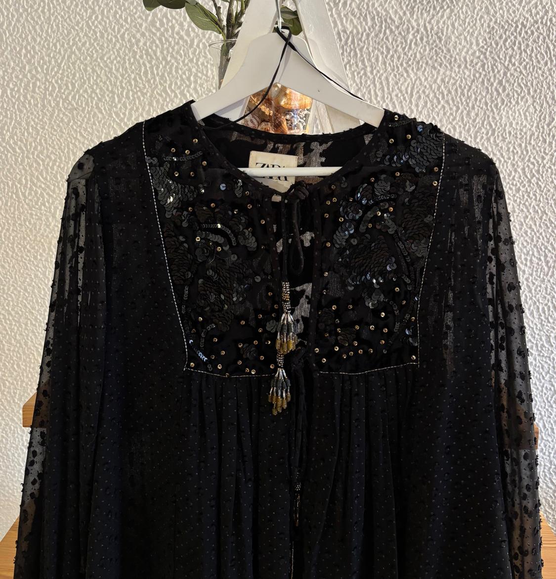 Black blouse with embroidery and sequins hanging on a white hanger. Textured wall background and decorative plant.