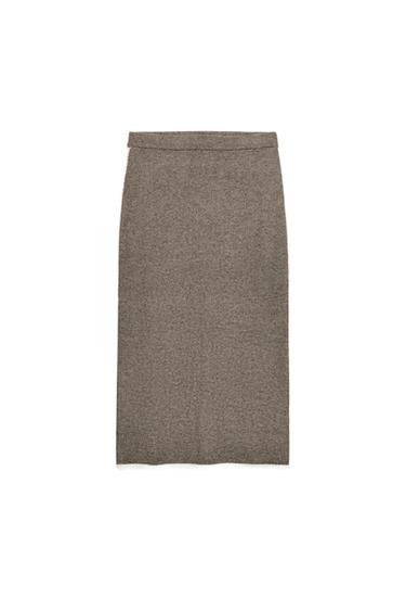 Zara CONTRAST PIPED KNIT MIDI SKIRT - Taupe gray