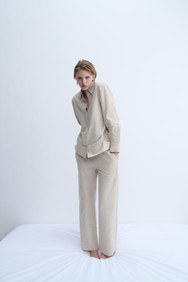 Zara STRIPED PAJAMA PANTS - Ecru - Image 0