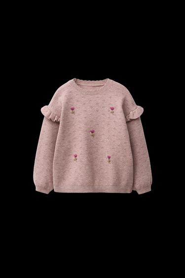 Zara FLORAL EMBROIDERED KNIT SWEATER - Pink marl - Image 0