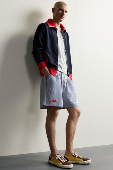 RELAXED FIT STRIPED BERMUDA SHORTS WITH PATCHES - Blue/White by Zara