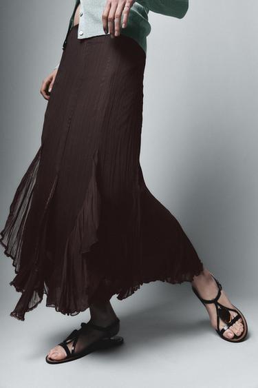 FALDA MIDI VOLANTES ENCAJE - Marrón de Zara